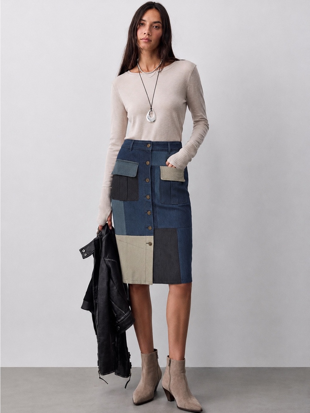 Boho Patchwork Button-Front Denim Midi Skirt in Blue and Tan Small